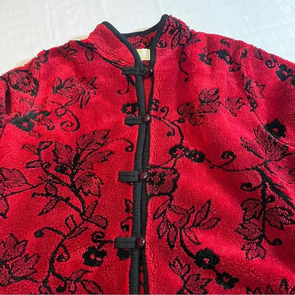 Vintage Tally-Ho Deep Red Floral Leaves Jacket Kimono Style Button Down Small - Picture 3 of 9